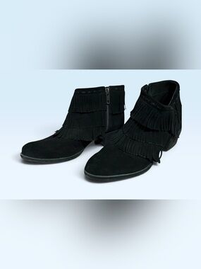 Naughty Monkey Black Suede Fringe Ankle Booties